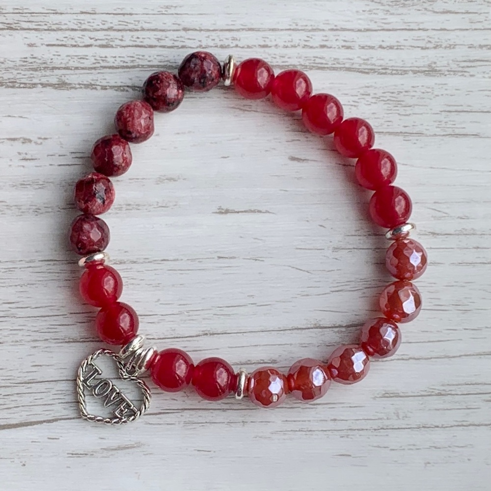 Beaded gemstone heart charm bracelet